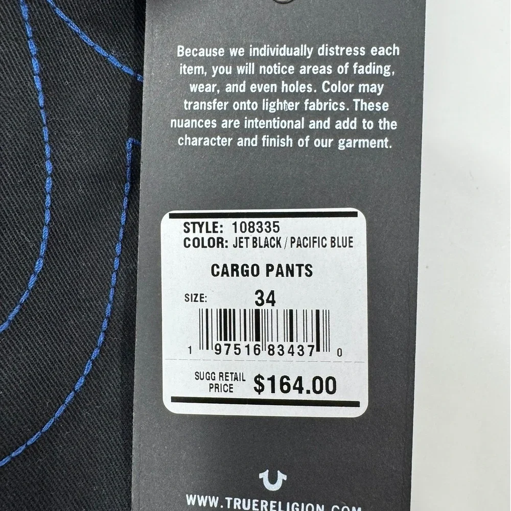 True Religion Mens Cargo Pants Jet Black‎ Pacific Blue Contrast Stitch Size 34